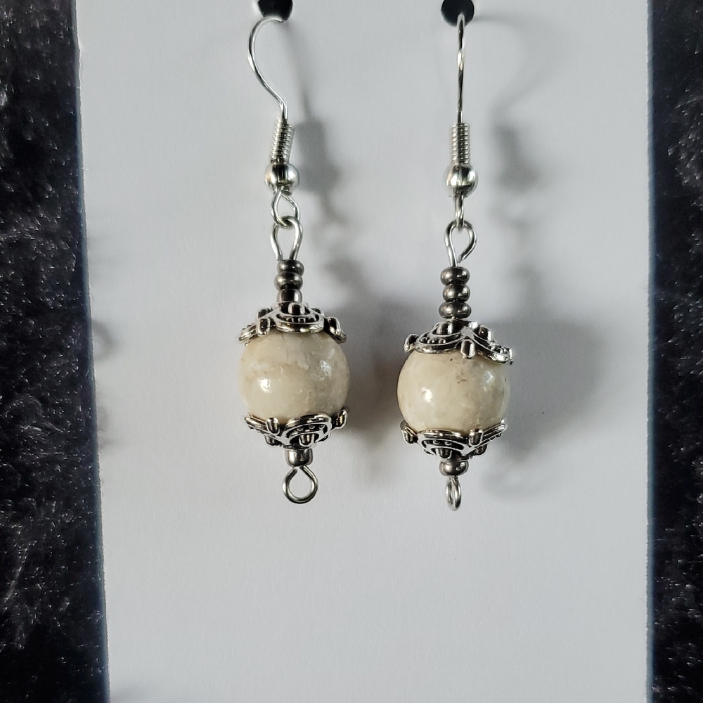 Elegant Silver and Cream Semiprecious Stone Beaded Earrings